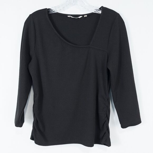 Soft Surroundings Anesha Top Womens Medium Black Ribbed Asymmetric Neck Ruched - Picture 1 of 16